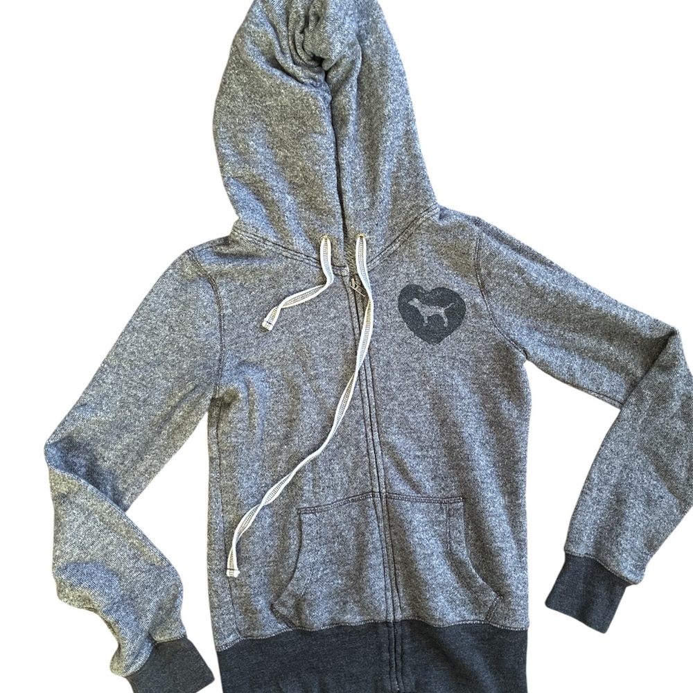 Gray Full-Zip Hooded Sweatshirt with Heart Logo